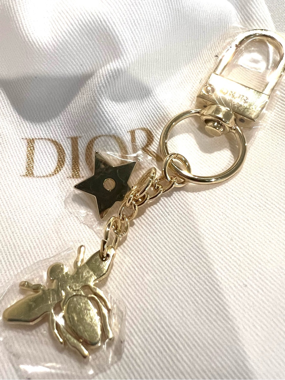New Authentic Dior Gold Star & Bee Charm Key Holder+ Dior drawstring dust pouch